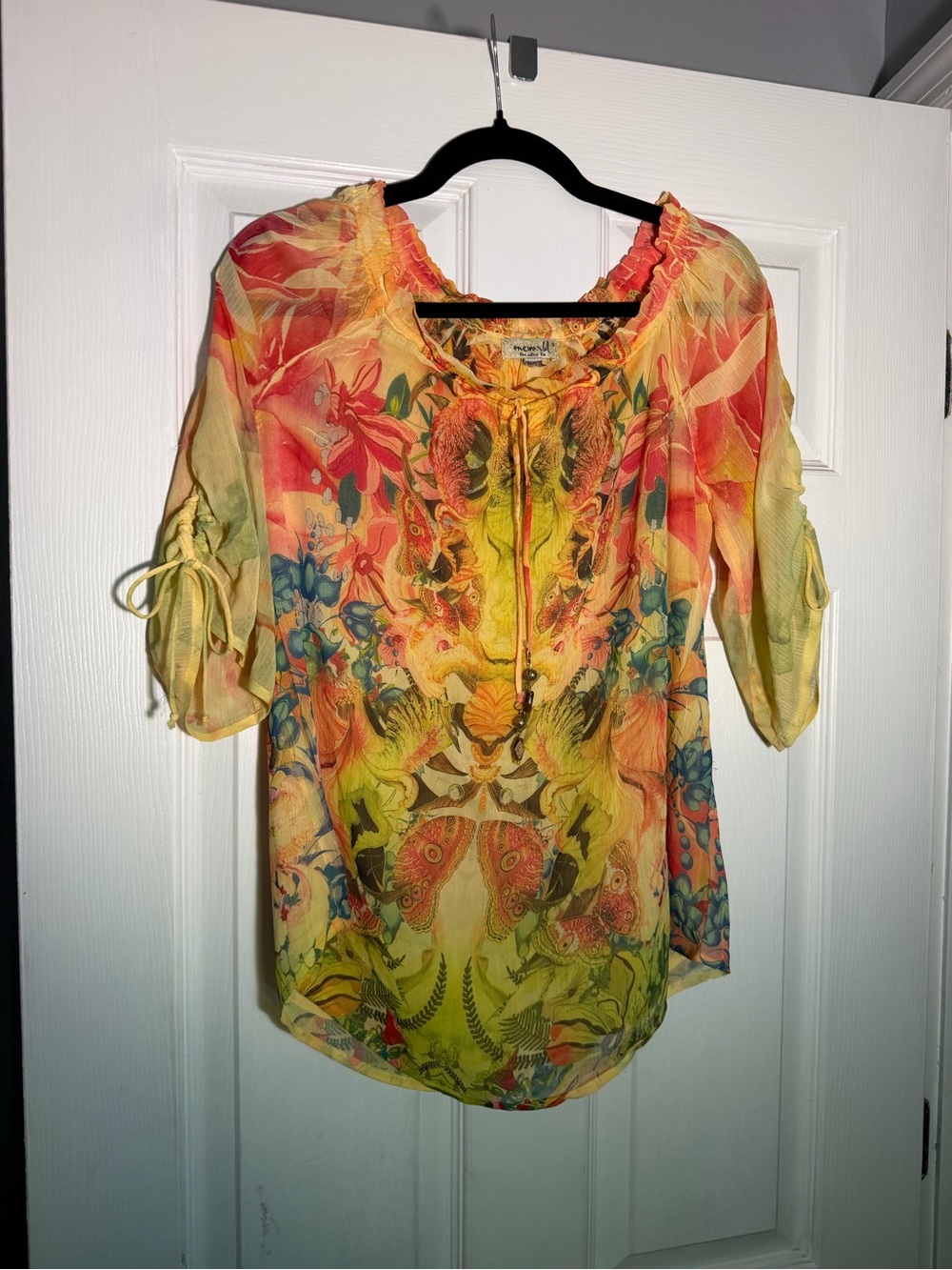 ONE WORLD Tropical Tie-Front Peasant Blouse - Yellow, Orange, Green